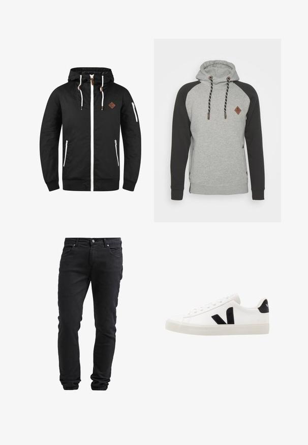 Chaqueta ligera negra con cierre frontal, capucha ajustable, detalles en blanco, bolsillos laterales y una placa de cuero marrón con el logo.; Sudadera gris con mangas raglán negras, que presenta un emblema de diamante, bolsillo frontal y cordones de contraste con detalles en marrón.; Jeans negros slim fit con cierre de botón y cremallera, cinco bolsillos y puños elásticos en los tobillos.; Zapatilla de cuero blanca con acentos de ante negro; presenta una suela de goma, puntera redonda y un diseño clásico de cordones. Logo lateral en negro.