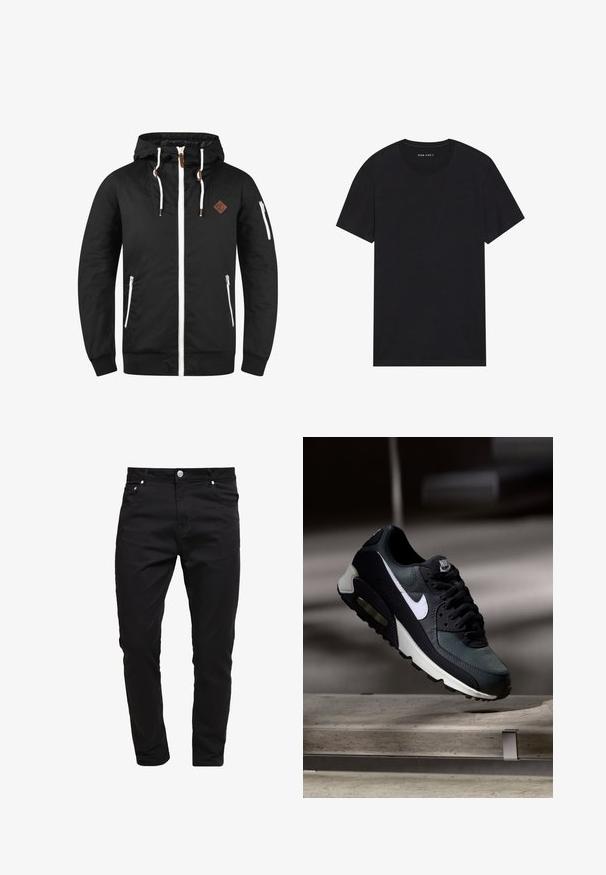 Chaqueta ligera negra con cierre frontal, capucha ajustable, detalles en blanco, bolsillos laterales y una placa de cuero marrón con el logo.; Camiseta de algodón negra con mangas cortas y escote redondo. La tela tiene una textura suave y un diseño simple y sólido.; Jeans negros de tela de mezclilla, diseño ajustado, estilo de cinco bolsillos, cierre de botón metálico, con detalles de costura y una textura suave.; Zapatilla Nike Air Max negra y gris con el logo blanco, suspendida sobre una superficie de cemento contra un fondo oscuro y desenfocado.