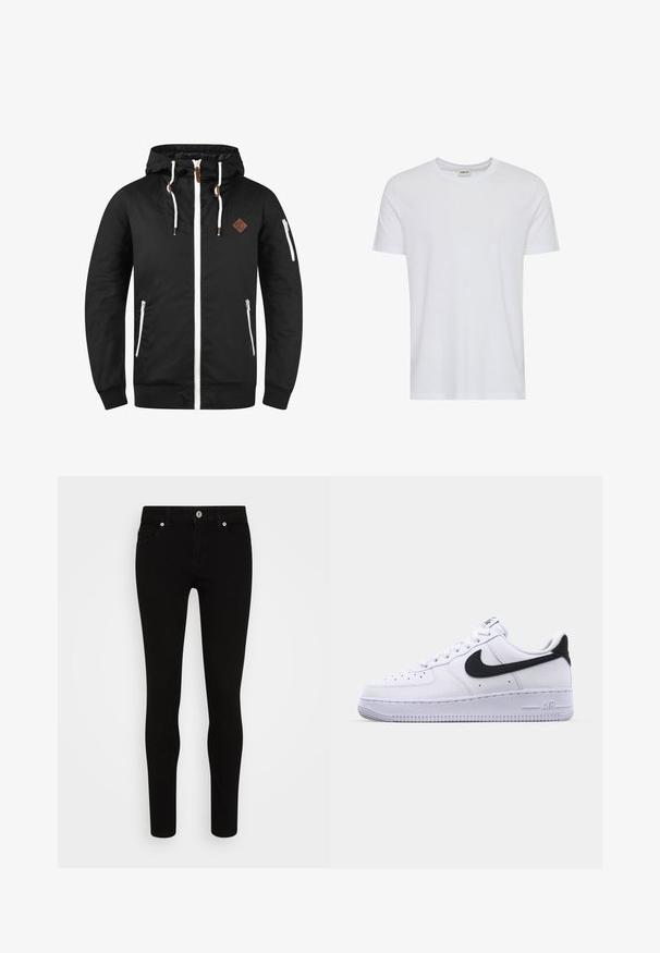 Chaqueta ligera negra con cierre frontal, capucha ajustable, detalles en blanco, bolsillos laterales y una placa de cuero marrón con el logo.; Camiseta blanca lisa de manga corta y cuello redondo, mostrada sobre un fondo blanco, con una pequeña etiqueta en el cuello que muestra la marca “Solid”.; Jeans ajustados negros con una textura suave, diseño de cinco bolsillos, cierre frontal con botón y silueta elegante. Estilo minimalista sin patrones visibles.; Zapatilla blanca de cuero con un Swoosh negro texturizado, cordones planos y una suela de goma con un patrón estriado. "AIR" está grabado en el talón.