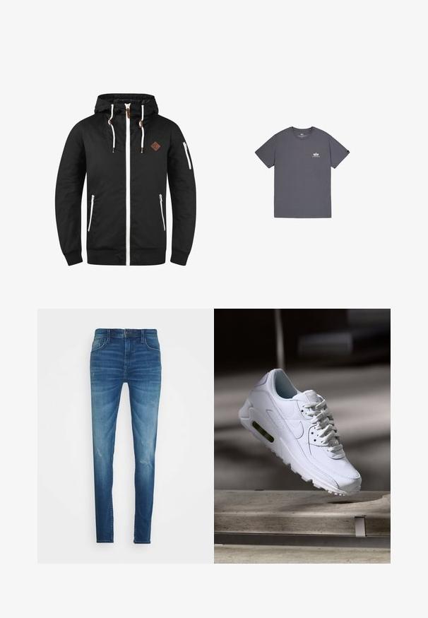 Chaqueta ligera negra con cierre frontal, capucha ajustable, detalles en blanco, bolsillos laterales y una placa de cuero marrón con el logo.; Camiseta de algodón gris con mangas cortas, cuello redondo y un pequeño logo impreso en el pecho. Textura suave, corte relajado.; Jeans de denim azul con un corte ajustado, que presentan áreas desgastadas y un ligero desgaste. Diseño clásico de cinco bolsillos y detalles de costura en la cintura.; Zapatilla blanca de piel con superficies texturizadas, cuello acolchado y amortiguación de aire visible en la suela. Presenta cordones y un diseño minimalista.