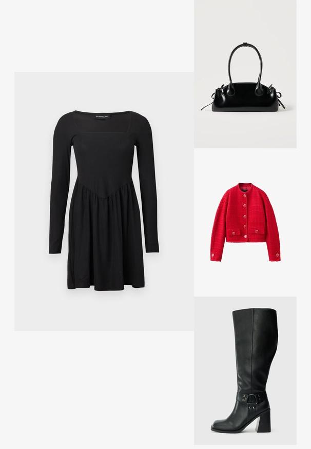 Veste en laine rouge texturée avec manches longues, encolure ronde, boutons sur le devant, et deux poches à rabat avec boutons à l'avant.; Robe noire à manches longues avec un décolleté carré, un corsage ajusté et une jupe évasée, présentant une texture lisse et un design minimaliste.; Bottes en cuir noires arrivant au genou, avec un bout carré, un large talon et une sangle décorative avec des accents métalliques autour de la cheville. Texture lisse.; Petit sac à main noir brillant avec deux longues anses et des détails à cordon sur les côtés sur un fond clair uni.