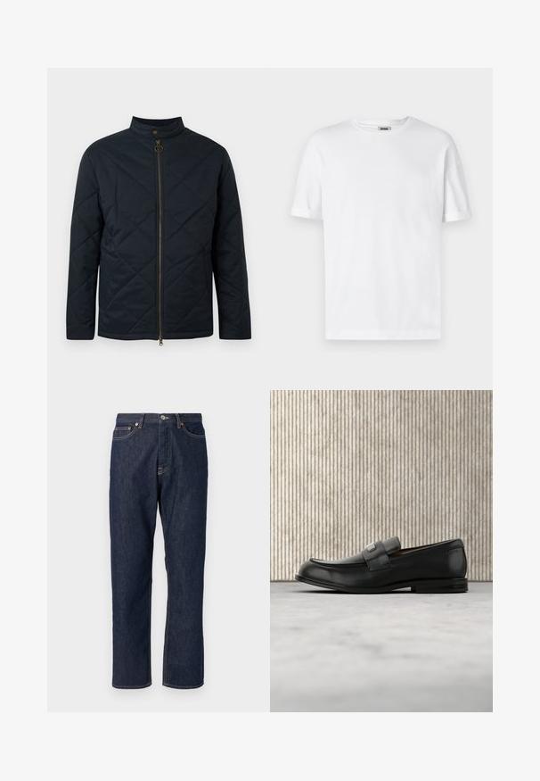 Veste matelassée bleu marine avec col montant, fermeture éclair à l'avant et motif de couture diagonale. Dotée de détails en métal doré et fabriquée dans un matériau léger.; T-shirt en coton blanc avec un col rond, des manches courtes et des revers roulés ; design sobre, texture douce et coupe droite.; Jean en denim bleu foncé avec une coupe droite. Comprend une fermeture à bouton et à fermeture éclair, cinq poches et des détails de surpiqure contrastants.; Mocassin en cuir noir avec une plaque de marque en métal reposant près d'une table ronde marron sur un sol recouvert de moquette beige.