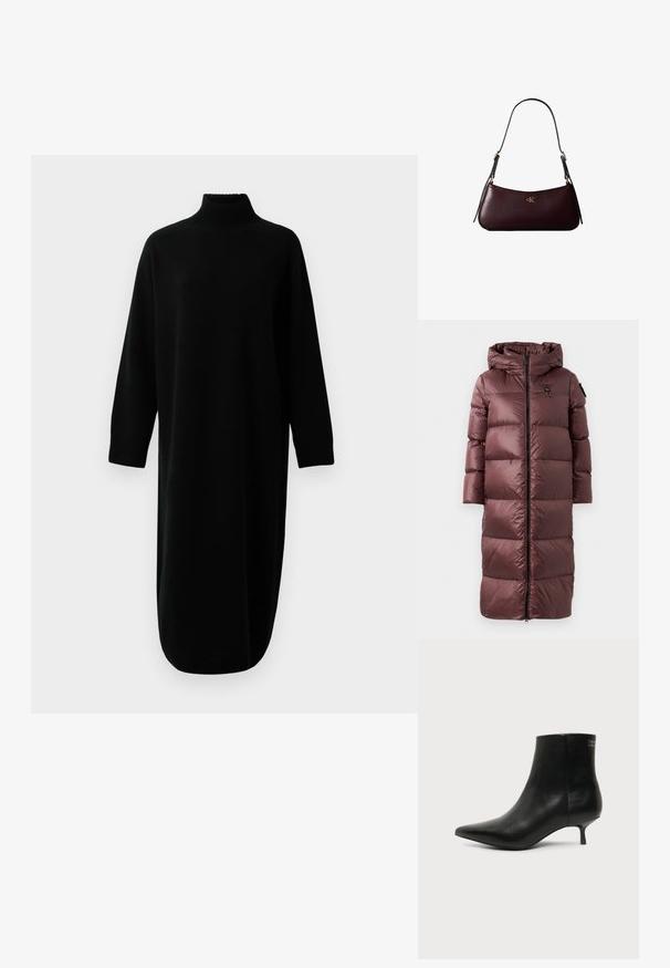 Lang, polstret frakke i dyb marsala. Har hætte, frontlynlås og bred horisontal quiltning. Glat, blank tekstur med diskret brandingdetalje.; Sort langærmet turtleneck strikket midikjole med ribbede manchetter og kant, præsenteret mod en ensfarvet hvid baggrund.; Sort læder ankelstøvle med spids tå og lav kitten hæl på lys baggrund, der viser yderside.; Mørk bordeaux læderhåndtaske med en tynd sort skulderrem og lille gyldent "cK" logo foran i midten.