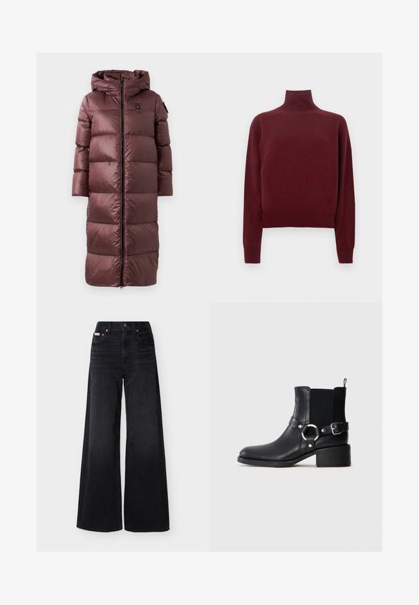 Lang, polstret frakke i dyb marsala. Har hætte, frontlynlås og bred horisontal quiltning. Glat, blank tekstur med diskret brandingdetalje.; Vinrød rullekravesweater med lange ærmer, strikket tekstur og ribbet detalje ved manchetter og kant. Klassisk, tætsiddende pasform.; Sorte jeans med vide ben, høj talje, forreste knap og lynlås, bæltestropper og femlommedesign.; Sort læder ankelstøvle med sidespænde og ringdetalje, elastisk sideskærm, lav blokhæl og trækstrop på neutral baggrund.