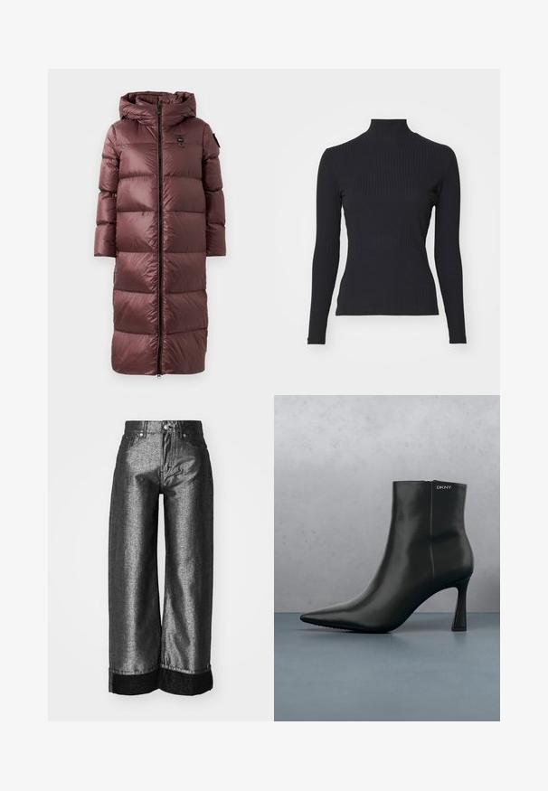 Lang, polstret frakke i dyb marsala. Har hætte, frontlynlås og bred horisontal quiltning. Glat, blank tekstur med diskret brandingdetalje.; Sort ribbet turtle-sweater med lange ærmer. Lavet af strækbart stof med en tætsiddende pasform og høj krave. Enkel design uden udsmykninger.; Breddebenede jeans i metallisk mørkegrå denim med en glat tekstur. Har en sort denimmanchet og standard knap-og-lynlås lukning med bæltestropper.; Sort læder ankelstøvle med spids tå og geometrisk hæl. Har subtil branding og en glat overflade. Baggrunden består af strukturerede fliser.