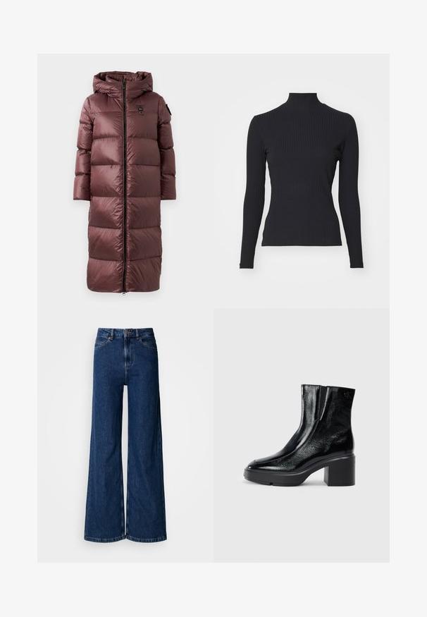 Lang, polstret frakke i dyb marsala. Har hætte, frontlynlås og bred horisontal quiltning. Glat, blank tekstur med diskret brandingdetalje.; Sort ribbet turtle-sweater med lange ærmer. Lavet af strækbart stof med en tætsiddende pasform og høj krave. Enkel design uden udsmykninger.; Vidbenede mørkeblå jeans lavet af denim, med høj talje, klassisk fem-lomme-design og subtile syningsdetaljer langs sømmene.; Sorte patenterede læderankelstøvler med en buet tå, elastiske sidepaneler og en kraftig blokhæl. Har et præget logo på bagsiden.