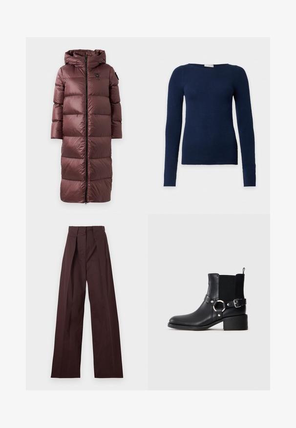Lang, polstret frakke i dyb marsala. Har hætte, frontlynlås og bred horisontal quiltning. Glat, blank tekstur med diskret brandingdetalje.; Marineblå langærmet tætsiddende sweater med rund halsudskæring og finstrikket tekstur, vist på ensfarvet hvid baggrund.; Højtaljede, mørkebrune, skræddersyede bukser med vide ben og forreste plisseringer, vist fladt på en lys baggrund.; Sort læder ankelstøvle med sidespænde og ringdetalje, elastisk sideskærm, lav blokhæl og trækstrop på neutral baggrund.