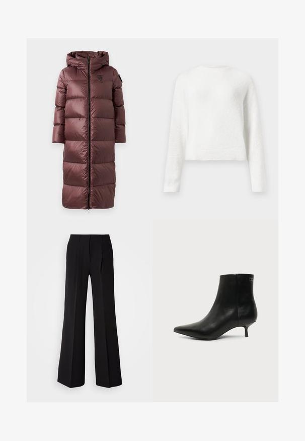 Lang, polstret frakke i dyb marsala. Har hætte, frontlynlås og bred horisontal quiltning. Glat, blank tekstur med diskret brandingdetalje.; Hvid langærmet fuzzy crewneck sweater med en let cropped pasform og tekstureret stof.; Sorte bukser lavet af glat stof, med høj talje, bred ben silhuet og to frontfolder for ekstra design detaljer.; Sort læder ankelstøvle med spids tå og lav kitten hæl på lys baggrund, der viser yderside.