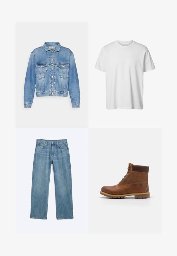 Lys blå denimjakke med klassisk snit, to forlommer, knaplukninger og syede detaljer langs sømmene og kraven.; Enkelt hvid T-shirt med korte ærmer og rund hals, løs pasform og uden synlige logoer eller designs foran.; Lyseblå denimjeans med lige ben, knap- og lynlåslukning, bæltestropper samt for- og baglommer.; Brun læder vandrestøvle med en glat finish, polstret ankel, metalliske snørehuller og en gummisål med et robust dækmønster.