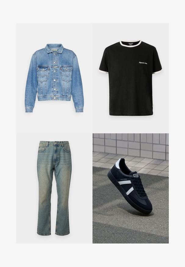 Lys blå denimjakke med klassisk snit, to forlommer, knaplukninger og syede detaljer langs sømmene og kraven.; Jack & Jones T- - T-shirts basic - black; Falmede blå denimjeans med lige ben, fem lommer og knaplukning. Har subtile lettere vaske detaljer.; Sort lædersneaker med hvide striber, tekstureret gummisål og snørrebånd foran. Har et brandet mærke på tungen.