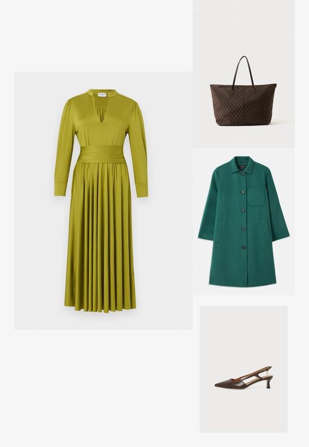 Manteau en laine vert avec un col, fermeture à boutons et manches longues. Comprend une poche poitrine et deux poches latérales, texture lisse.; Robe longue vert olive à manches longues, taille large, jupe plissée et décolleté en V avec un petit col.; Chaussure slingback pointue marron foncé avec talon moyen, côtés découpés et un petit pendentif doré suspendu à la boucle de la bride de cheville.; Grand sac cabas marron avec un motif à carreaux et des bretelles noires fines, debout sur un fond clair uni.