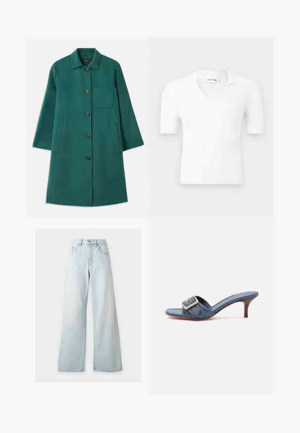 Groene wollen jas met een kraaghalslijn, knoopsluiting en lange mouwen. Heeft een borstzak en twee zijzakken, met een gladde textuur.; Wit geribbeld kort mouw gebreid topje met V-hals en kraag, met een Lacoste-label in de nek.; Lichtblauwe jeans met hoge taille en wijde pijpen, met voorste knoop en rits, voorzakken en riemlussen op een witte achtergrond.; Blauwe open-teen sandaal met houten kittenhak en brede band met grote gouden gesp en gestructureerd patroon.
