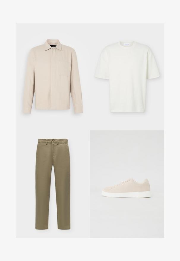 Lyse beige langærmet skjorte lavet af linned, med krave, brystlomme og lige snit.; Hvid tekstureret T-shirt med korte ærmer og rund hals med en almindelig pasform og et lille mærke indeni kraven.; Klassiske khaki bukser med knap- og lynlåslukning, bæltestropper og sidelommer på en enkel lys baggrund.; Beige ruskindsneakers med hvide gummisåler, rund tå og seks snøringshuller. Glat tekstur med minimalisk design.