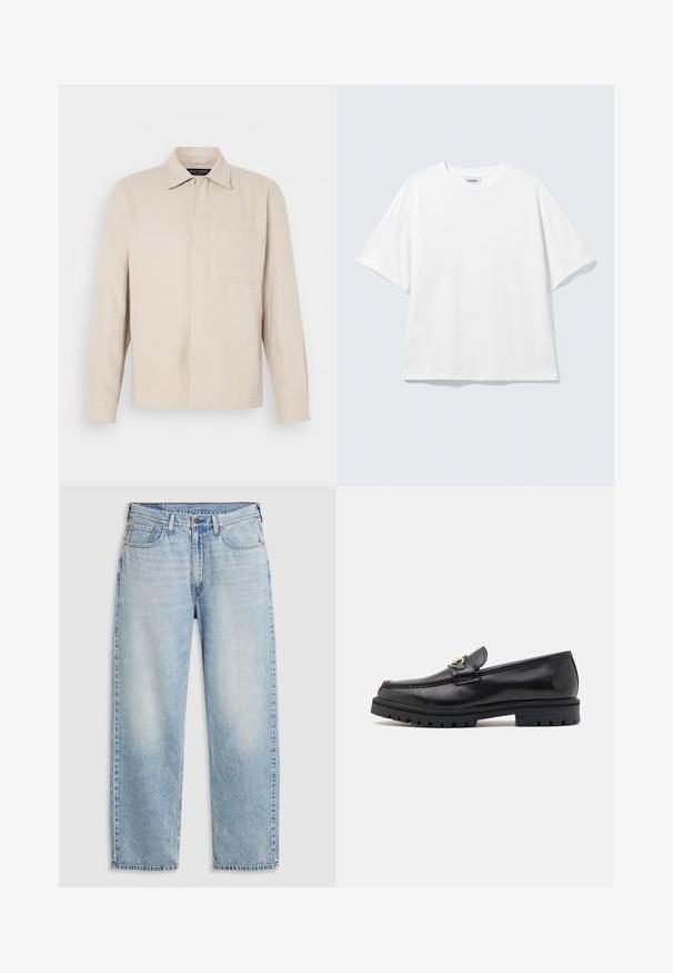 Lyse beige langærmet skjorte lavet af linned, med krave, brystlomme og lige snit.; Hvid oversized t-shirt med korte ærmer og rund halsudskæring med sænkede skuldre, fladt lagt på lys grå baggrund.; Lyseblå lige jeans med fem lommer, metalknaplukning og falmede detaljer ved lårene og knæene, lagt fladt på hvid baggrund.; Sorte læder loafers med en glat finish, rund tå, en dekorativ rem med guldhardware og en robust sort sål.