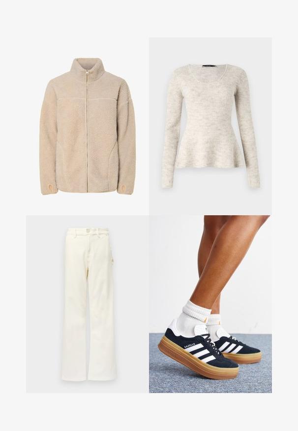 Beige fleece jacket met hoge kraag, ritssluiting en zijzakken. Gelaagd oppervlak met een zachte voelbaarheid en elastische manchetten.; Lichtbeige lange mouwen trui met een ribbelstructuur, een ronde hals en een flared zoom. Gemaakt van een zachte, gebreide stof.; Good American GOOD 90S CARPENTER - Wide leg - white denim; Ben met witte sokken en zwarte Adidas Gazelle sneakers met witte strepen en dikke bruine zolen op een grijs tapijt.