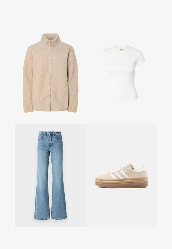 Beige fleecejakke med høj krave, lynlås lukning og sidelommer. Struktureret overflade med en blød fornemmelse og elastiske manchetter.; Tæt siddende hvid t-shirt med korte ærmer og rund hals med Urban Classics mærke inde i halsudskæringen.; Lysblå flared denimjeans med høj talje, der har kontrastsyninger og en rå kant i bunden. Et klassisk design.; Beige ruskindsneaker med hvide læderdetaljer, der har tre hvide striber, et gyldent logo og en tyk, gennemsigtig gummisål.