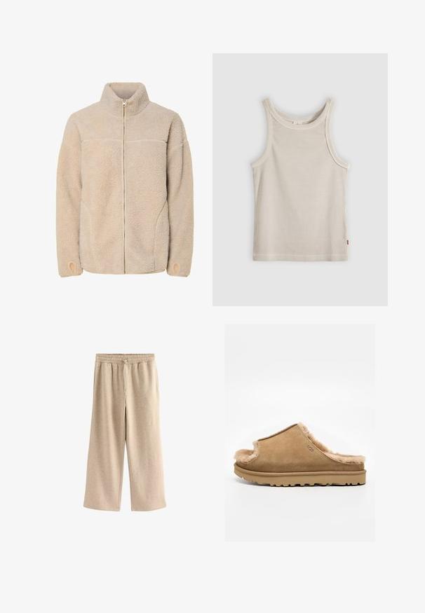 Beige fleecejakke med høj krave, lynlås lukning og sidelommer. Struktureret overflade med en blød fornemmelse og elastiske manchetter.; Beige ribstrikket ærmeløs tanktop med rund halsudskæring og tætsiddende pasform, vist mod en grå baggrund.; Cremefarvede breddebenede bukser lavet af blødt bomuldsblandingsstof. Har en elastisk talje med snor og en subtil plettet tekstur.; Beige ruskind slip-on sutsko med blødt fleecefor og gummisål, med et side-UGG-logo på en ens hvid baggrund.