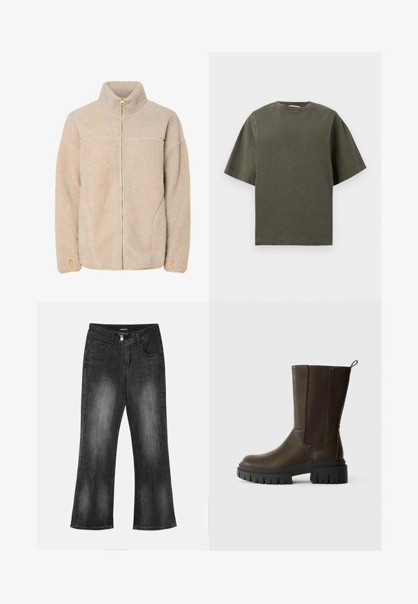 Beige Fleecejacke mit hohem Kragen, Reißverschluss und Seitentaschen. Strukturierte Oberfläche mit weichem Griff und elastischen Bündchen.; Kurzärmeliges olivgrünes T-Shirt mit Rundhalsausschnitt und lockerem Sitz, dargestellt auf einem schlichten hellgrauen Hintergrund.; Schwarze, ausgewaschene Jeans aus Denim mit geradem Bein Schnitt, Fronttaschen, Gürtelschlaufen und doppeltem Knopfverschluss an der Taille.; Braune Leder-Ankle Boots mit elastischen Seitenpaneelen, robusten schwarzen Gummisohlen und einer Schlaufe für einfaches An- und Ausziehen. Glatte Textur und modernes Design.