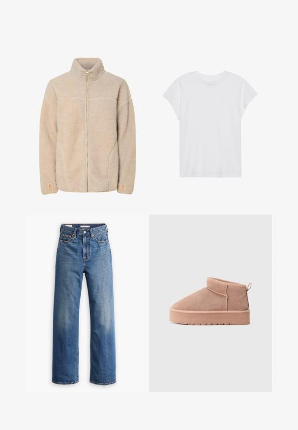 Beige fleece jacket met hoge kraag, ritssluiting en zijzakken. Gelaagd oppervlak met een zachte voelbaarheid en elastische manchetten.; Witte t-shirt met korte mouwen, ronde hals, relaxte pasvorm, gemaakt van zacht katoen. Glad textuur, geen patronen of logo's.; Lichtblauwe spijkerbroek met een hoge taille, brede pijpen, klassieke vijfzakkenstijl en subtiele vervaging in de stof.; Beige suède enkelboot met dikke platformzool, ronde neus, trekbandje aan de hiel en zichtbare gestikte naden.