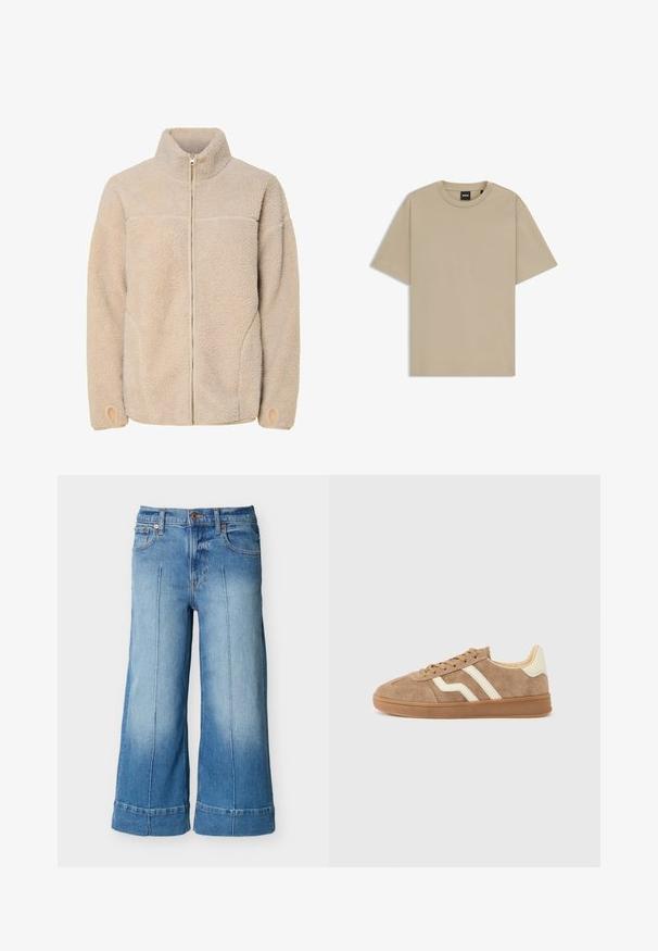 Beige fleecejakke med høj krave, lynlås lukning og sidelommer. Struktureret overflade med en blød fornemmelse og elastiske manchetter.; Beige crewneck T-shirt lavet af blød bomuld. Har korte ærmer og en afslappet pasform, med en diskret brandetiket ved halskanten.; Lyseblå bukser med vide ben, croppede, foran lommer, bæltestropper, knappelukning og lodrette sømdetaljer langs benene.; Brun ruskindsneaker med hvide accentstriber, rund tå, beige inderside og gummiydersål. Snørebånd med tekstureret overflade.