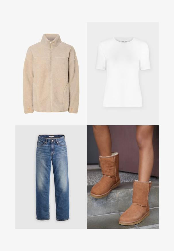 Beige fleece jacket met hoge kraag, ritssluiting en zijzakken. Gelaagd oppervlak met een zachte voelbaarheid en elastische manchetten.; Wit T-shirt met korte mouwen en een ronde hals, een slanke pasvorm en geribbelde stof, weergegeven op een effen lichtgrijze achtergrond.; Lichtblauwe spijkerbroek met rechte pijpen, voorzien van een knoopsluiting, voorzakken en subtiele verlichtingen bij de dij.; Bruine suède enkellaarsjes met een ronde neus, zachte voering en een rubberen zool, met zichtbaar stiksel langs de naden.
