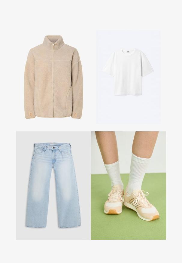 Chaqueta de forro polar beige con cuello alto, cierre de cremallera y bolsillos laterales. Superficie texturizada con una sensación suave y puños elásticos.; Camiseta blanca de manga corta con cuello redondo y dobladillo recto, con etiqueta de la marca "WEEKDAY" dentro del escote.; Jeans de pierna ancha en un suave tono azul, confeccionados en denim. Presentan corte recto, diseño de cinco bolsillos y un cierre de botón en la cintura.; Zapatillas deportivas de melocotón claro con acentos de malla blanca y cordones beige. Llevadas con calcetines blancos con relieve, sobre un fondo verde.