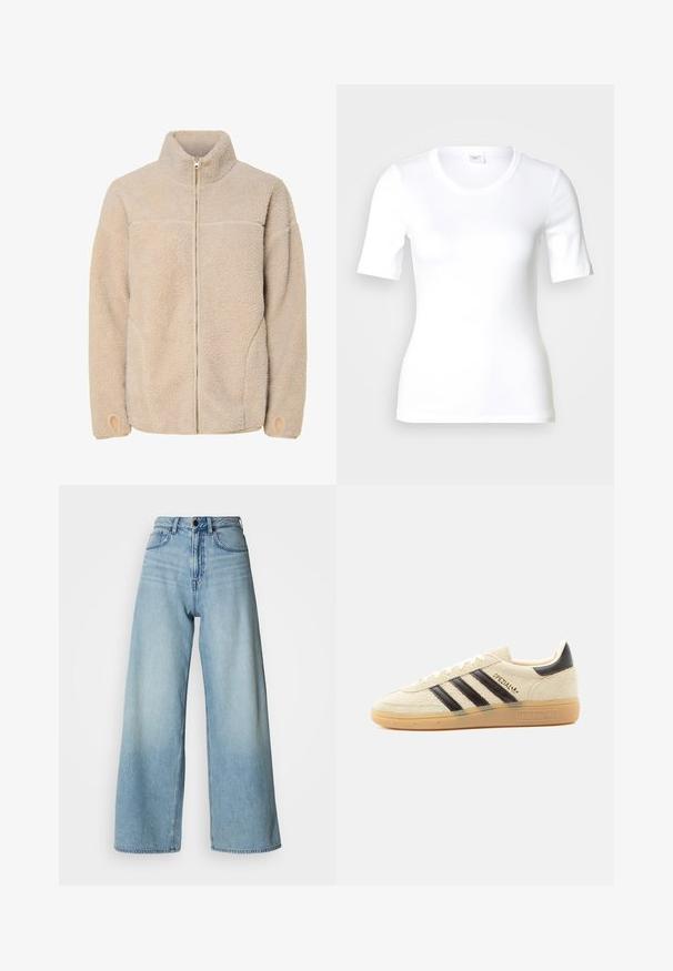 Chaqueta de forro polar beige con cuello alto, cierre de cremallera y bolsillos laterales. Superficie texturizada con una sensación suave y puños elásticos.; Camiseta blanca de manga corta hecha de algodón liso, con escote redondo y forma ajustada. Diseño clásico, sin estampados ni adornos.; Jeans de mezclilla azul claro de talle alto y pierna ancha, con diseño de cinco bolsillos y sutiles desgastes para dar textura.; Zapatilla de ante color crema con rayas negras, suela de goma, lengüeta negra en el talón y texto dorado "SPEZIAL" en el lateral.