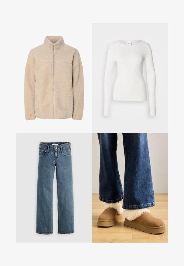 Beige fleece jacket met hoge kraag, ritssluiting en zijzakken. Gelaagd oppervlak met een zachte voelbaarheid en elastische manchetten.; Wit T-shirt met lange mouwen van een zachte, lichtgewicht stof, met een ronde halslijn en een aansluitende pasvorm, met een subtiele textuur.; Blauwe denim spijkerbroek met een rechte pijp, voorzien van een knoopsluiting, vijf zakken en contrasterende stiksels langs de naden.; Bruine suède pantoffels met een dikke lichtkleurige bontkraag, geplaatst op een beige platformzool, in combinatie met wijde denim jeans.