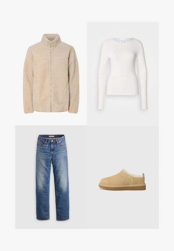Beige Fleecejacke mit hohem Kragen, Reißverschluss und Seitentaschen. Strukturierte Oberfläche mit weichem Griff und elastischen Bündchen.; Weißes Langarm-T-Shirt aus weichem, leichtem Stoff mit rundem Ausschnitt und schlanker Passform, das eine dezente Textur aufweist.; Hellblaue Jeans aus Denim mit geradem Bein, ausgestattet mit einem Knopfleistenverschluss, vorderen Taschen und dezentem Verblassen im Oberschenkelbereich.; Suede Slipper in hellbraun, ausgestattet mit einem weichen Fellfutter und einer strukturierten Gummisole mit einem leichten Absatz sowie einer Zugschlaufe hinten für einfaches An- und Ausziehen.