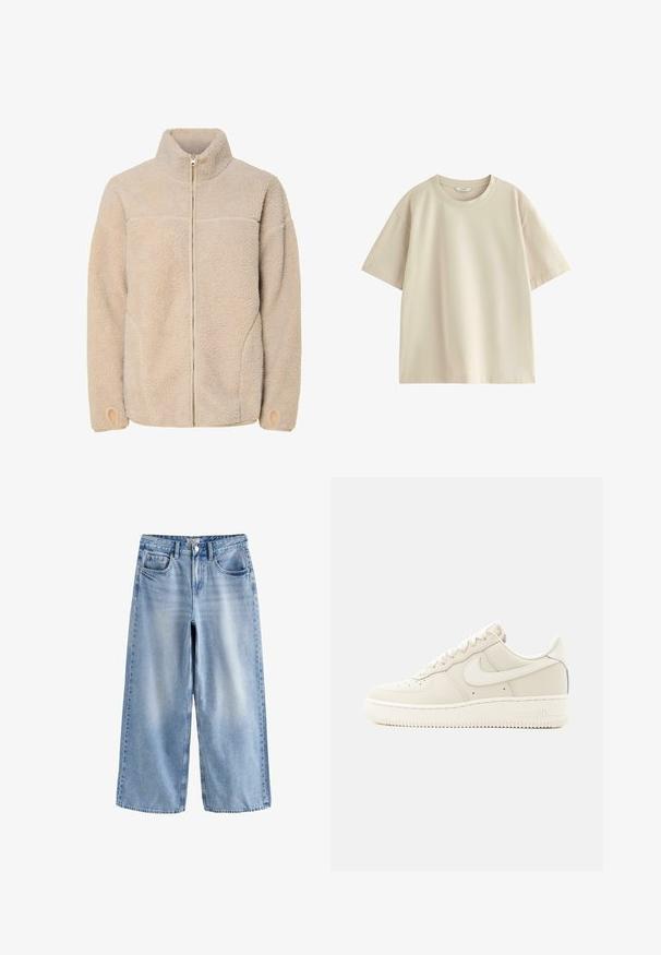 Beige fleecejakke med høj krave, lynlås lukning og sidelommer. Struktureret overflade med en blød fornemmelse og elastiske manchetter.; Beige oversized T-shirt med korte ærmer og rund hals, lavet af ensfarvet stof, vist på en hvid baggrund.; Lyst blå brede jeans lavet af denim. Har høj talje, fire lommer og en lynlås med knaplukning. Glat tekstur.; Beige Nike Air Force 1 sneaker i lav model med snørelukning og gummisål, vist fra ydersiden på en hvid baggrund.