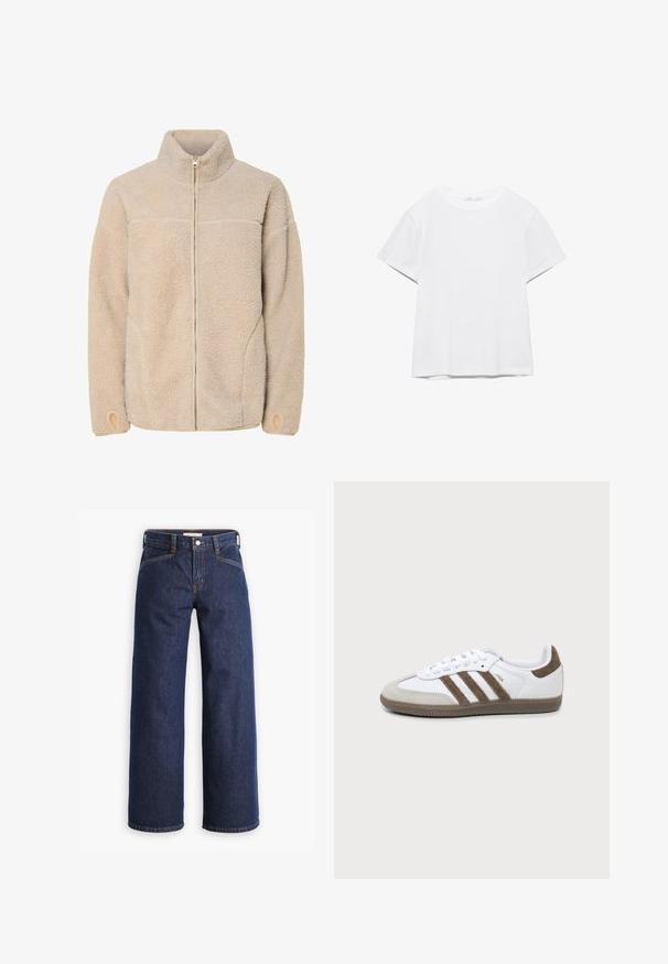 Beige fleece jacket met hoge kraag, ritssluiting en zijzakken. Gelaagd oppervlak met een zachte voelbaarheid en elastische manchetten.; Effen wit T-shirt met korte mouwen en ronde hals, met een rechte zoom, gepresenteerd tegen een witte achtergrond.; Donkerblauwe spijkerbroek met een hoge taille, wijdvallende pijpen en subtiele oranje stiksels. Bevat een sluiting met een knoop en ritssluiting aan de voorkant.; Witte en bruine Adidas Samba sneaker met drie bruine strepen, veters en een textuurs van boven- tot zool, getoond vanaf de zijkant op een effen achtergrond.