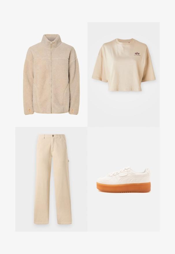 Chaqueta de forro polar beige con cuello alto, cierre de cremallera y bolsillos laterales. Superficie texturizada con una sensación suave y puños elásticos.; Camiseta recortada de color beige, hecha de algodón, con mangas cortas, un cuello redondo y un gráfico de logo color granate en el lado izquierdo del pecho.; Pantalones de pana beige con un corte de pierna ancha, textura de canalé vertical, bolsillos frontales y detalle de botón lateral.; Zapatilla blanca de corte bajo con cierre de cordones y velcro, con una suela gruesa de color marrón claro y detalles sutiles de costuras laterales.