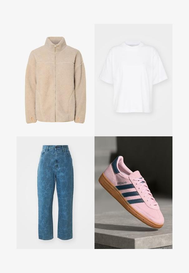 Veste en polaire beige avec un col haut, fermeture éclair et poches latérales. Surface texturée avec une sensation douce et poignets élastiques.; T-shirt en coton blanc avec un col rond, des manches courtes et une coupe décontractée. Présente un logo discret sur la zone gauche de la poitrine. Texture lisse.; Jean en denim bleu clair avec une texture à motif subtil, taille haute et coupe droite. Doté d'une fermeture à bouton et à glissière à l'avant.; Baskets en daim rose clair avec trois rayures bleu marine, semelle en caoutchouc et lacets rose clair. Présente un logo "SPEZIAL" sur le côté.