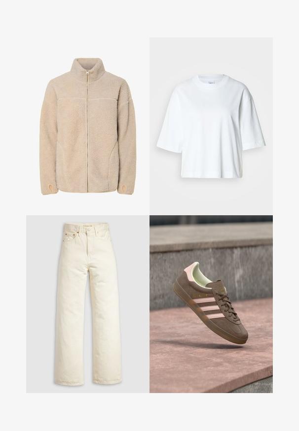 Beige fleecejakke med høj krave, lynlås lukning og sidelommer. Struktureret overflade med en blød fornemmelse og elastiske manchetter.; Hvid cropped t-shirt med korte ærmer, rund halsudskæring, lavet af blødt bomuldsmateriale, med et enkelt og rent design.; Vidbenede jeans i offwhite denim med høj talje, kobbernitter og klassisk design med fem lommer. Struktureret stof med rene kanter.; Brun ruskindsneaker med pinke accenter, tre hvide striber og et gult logo. Har en blød indvendig foring og en struktureret gummisål.