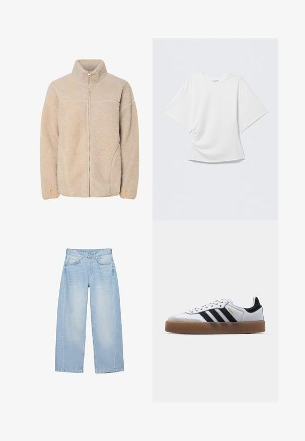 Beige Fleecejacke mit hohem Kragen, Reißverschluss und Seitentaschen. Strukturierte Oberfläche mit weichem Griff und elastischen Bündchen.; Weißes übergroßes T-Shirt mit kurzen Ärmeln und Rundhalsausschnitt, vorne leicht zerknittert, vor einem schlichten hellgrauen Hintergrund präsentiert.; Hellblaue Jeans mit weitem Bein, vorn mit Knöpfen und Reißverschluss, fünf Taschen und dezenten Used-Effekten an den Oberschenkeln.; Weiße Leder Sneakers mit schwarzen Streifen, Gummigummi-Außensohle, runder Zehenform, Schnürverschluss und weichem grauem Wildleder-Zehenkappe.