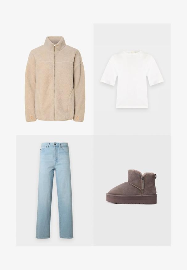 Beige Fleecejacke mit hohem Kragen, Reißverschluss und Seitentaschen. Strukturierte Oberfläche mit weichem Griff und elastischen Bündchen.; Weißes Kurzarm-T-Shirt mit Rundhalsausschnitt, geradem Schnitt und glatter Stofftextur, dargestellt auf einem flachen hellgrauen Hintergrund.; Hellblaue gerade geschnittene Jeans mit Knopf- und Reißverschluss vorne, Gürtelschlaufen und Fünf-Taschen-Stil auf weißem Hintergrund.; Braune Wildleder-Ankleboots mit seitlichem Reißverschluss und weichem Innenfutter, ausgestattet mit einer dicken Plattformsohle für zusätzlichen Komfort und Höhe.