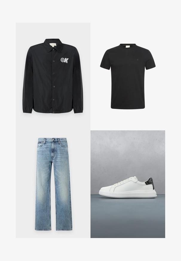 Calvin Klein Jeans Μπουφάν τύπου bomber - black; Μαύρο κοντομάνικο T-shirt με στρογγυλή λαιμόκοψη και μικρό διακριτικό λογότυπο "cK" στο αριστερό στήθος.; Ανοιχτό μπλε τζιν παντελόνι με ίσια γραμμή και ψηλή μέση, πέντε τσέπες, κούμπωμα με κουμπί και διακριτικό ξεθώριασμα στους μηρούς και τα γόνατα.; Λευκό αθλητικό παπούτσι με λείο δέρμα στη μπάλα και αντίθετη μαύρη λεπτομέρεια στη φτέρνα. Διαθέτει ίσια κορδόνια και υφή από καουτσούκ στη σόλα.