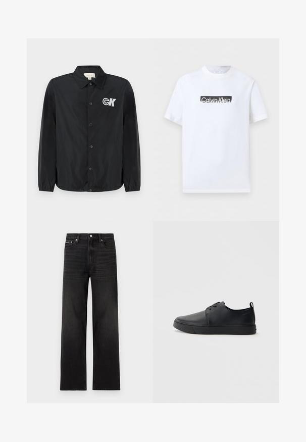 Calvin Klein Jeans Chaquetas bomber - black; Camiseta blanca de manga corta con cuello redondo, con un parche de logo rectangular negro y texto "Calvin Klein" centrado en el frente.; Jeans negros de pierna recta con diseño de cinco bolsillos, presillas para cinturón y cierre de botón, mostrados sobre un fondo blanco.; Zapatilla negra de cuero con acabado suave, punta redondeada, costuras a tono, cordones en la parte delantera y suela de goma plana. Asa en el talón.