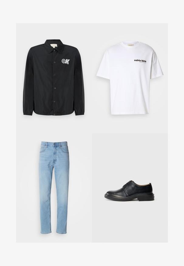 Calvin Klein Jeans Bombera - black; Biela bavlnená tričko s krátkymi rukávmi, s čiernym nápisom "Calvin Klein" a štvorcovou etikettou pri výstrihu. Jednoduchý dizajn.; Svetlomodré džíny z denimu so strihom rovného strihu, piatimi vreckami a pútkami na opasok. Textil má hladkú štruktúru s jemným efektom vyblednutia.; Čierne kožené oxford topánky s okrúhlym špičkou, šnurovaním vpredu a nízkym vrstveným podpätkom na svetlom jednolatom pozadí.