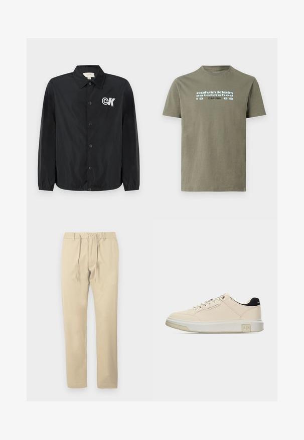 Calvin Klein Jeans Bomberjacks - black; Kortermig T-shirt in olijfgroen met "calvin klein established 1968" in lichtblauw en zwart gedrukt op de borst.; Beige broek van een katoenmix, met een trekkoord en knoopsluiting, recht model en strakke lijnen zonder zichtbare patronen.; Lage beige sneaker met witte zool, zwarte hielkraag, merklabels op de veters en het "Armani Exchange" logo op de zijkant en hieltab.