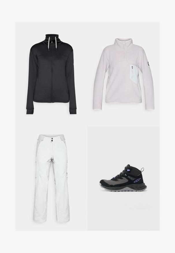 Sort hættetrøje med lynlås og høj krave, struktureret stof og kontrasterende snor. Har sidelommer og tommestiksudskæringer i manchetterne.; Lyse lilla fleecepullover med høj krave, tre knapper foran og en hvid lynlåslomme på brystet. Har kontrasterende hvidt trim.; Hvide snebukser lavet af holdbart stof, med høj talje, to forlommer og detaljer med lynlåse i siden. Accentueret i lysegrå.; Sort og grå højtop vandresko med lilla detaljer, tyk sål, tekstureret greb og en håndtag ved hælen.