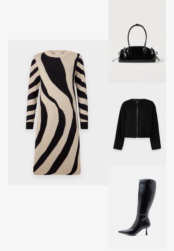 Schwarze, cropped Jacke aus strukturiertem Stoff, mit rundem Halsausschnitt und durchgehendem Reißverschluss vorne. Lange Ärmel mit entspannter Passform.; Strickkleid mit beigem Grund und auffälligen schwarzen Zebra-Streifen, langen Ärmeln und Rundhalsausschnitt. Weicher Stoff mit lässiger Passform.; Schwarze kniehohe Stiletto-Stiefel mit glänzender Lederoberfläche, spitzem Zeh und schlankem, konisch zulaufendem Absatz, die eine glatte Oberfläche und ein elegantes Design aufweisen.; Kleine schwarze glänzende Handtasche mit zwei langen Griffen und seitlichen Kordelzug-Details vor einfachem hellem Hintergrund.