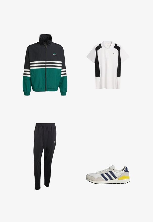 Zwarte en teal windbreaker jas met een hoge kraag, ritssluiting en witte horizontale strepen. Bevat een Adidas-logo op de borst.; Witte polo shirt met zwarte accenten. Korte mouwen, klassieke kraag, gemaakt van soepele stof. Heeft een logo op de borst en een zijdetail.; Zwarte sportbroek gemaakt van lichtgewicht materiaal, voorzien van een elastische tailleband en een klein reliëflogo op het bovenste gedeelte van het linkerbeen.; Witte en grijze Adidas sneaker met donkerblauwe strepen en een gele accent op de hiel, van opzij getoond tegen een witte achtergrond.
