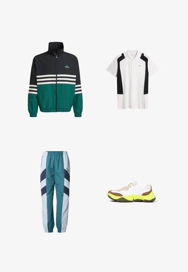 Schwarz-türkisfarbene Windbreakerjacke mit hohem Kragen, Reißverschluss und weißen horizontalen Streifen. Mit einem Adidas-Logo auf der Brust.; Weißes Polo-Shirt mit schwarzen Akzenten. Kurze Ärmel, klassischer Kragen, aus glattem Stoff. Verfügt über ein Logo auf der Brust und seitliche Details.; Grünblaue und hellgraue Trainingshose mit Chevron-Mustern, elastischem Bund, Seitentaschen und gerippten Bündchen an den Knöcheln.; Sneaker mit einem Obermaterial aus weißem Leder, braunen Wildlederakzenten und einer leuchtend gelben Gummisohle. Verfügt über grüne Schnürsenkel und ein abgerundetes Design.