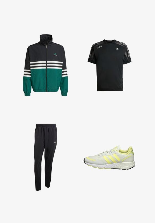 Schwarz-türkisfarbene Windbreakerjacke mit hohem Kragen, Reißverschluss und weißen horizontalen Streifen. Mit einem Adidas-Logo auf der Brust.; Schwarzes Sport-T-Shirt aus leichtem Material, mit Netzschulterpaneelen, kurzen Ärmeln und weißen adidas- sowie F50-Logos.; Schwarze Sporthose aus leichtem Material mit elastischem Bund und einem kleinen eingeprägten Logo im oberen linken Beinbereich.; Weiße Sportschuh mit gelben Akzenten, ausgestattet mit einem glatten Obermaterial, einer strukturierten Sohle und drei Streifen an der Seite zur Markenkennzeichnung.