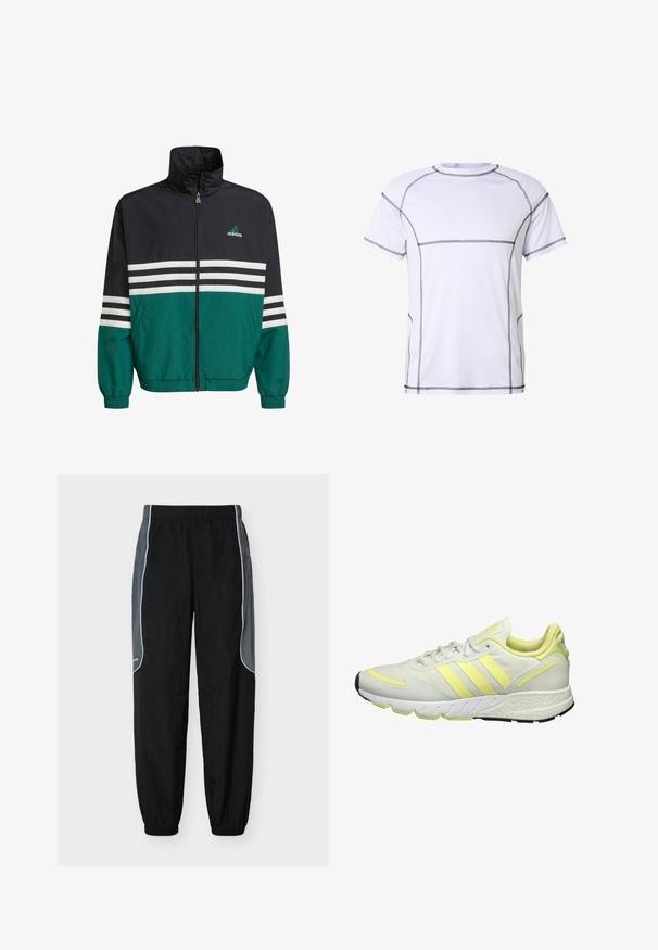 Chaqueta cortavientos negra y verde azulado con un cuello alto, cierre de cremallera y rayas horizontales blancas. Presenta un logo de Adidas en el pecho.; Camiseta deportiva blanca de manga corta con costuras en contraste negro que delinean las costuras en hombros, mangas, pecho, laterales y dobladillo.; Pantalones de chándal negros con paneles laterales gris oscuro y ribete blanco, cintura y puños elásticos, exhibidos sobre un fondo blanco.; Zapatilla deportiva blanca con acentos en amarillo, que cuenta con una parte superior suave, suela texturizada y tres rayas en el lateral para la marca.