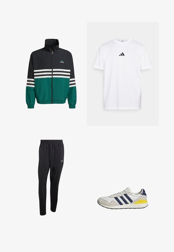 Schwarz-türkisfarbene Windbreakerjacke mit hohem Kragen, Reißverschluss und weißen horizontalen Streifen. Mit einem Adidas-Logo auf der Brust.; Weißes Baumwoll-T-Shirt mit einem kleinen schwarzen dreieckigen Logo auf der Brust, kurzen Ärmeln und rundem Ausschnitt. Einfaches und klassisches Design.; Schwarze Sporthose aus leichtem Material mit elastischem Bund und einem kleinen eingeprägten Logo im oberen linken Beinbereich.; Weißer und grauer Adidas-Sneaker mit marineblauen Streifen und einem gelben Akzent an der Ferse, seitlich auf weißem Hintergrund dargestellt.