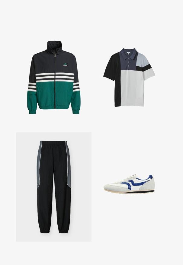 Chaqueta cortavientos negra y verde azulado con un cuello alto, cierre de cremallera y rayas horizontales blancas. Presenta un logo de Adidas en el pecho.; Polo de manga corta con diseño de bloques de color en negro, gris, azul claro y blanco con tres botones en la tapeta frontal.; Pantalones de chándal negros con paneles laterales gris oscuro y ribete blanco, cintura y puños elásticos, exhibidos sobre un fondo blanco.; Zapatilla deportiva de ante blanca y gris con detalle de ola azul, suela beige con franja negra y cordones blancos, vista lateral.