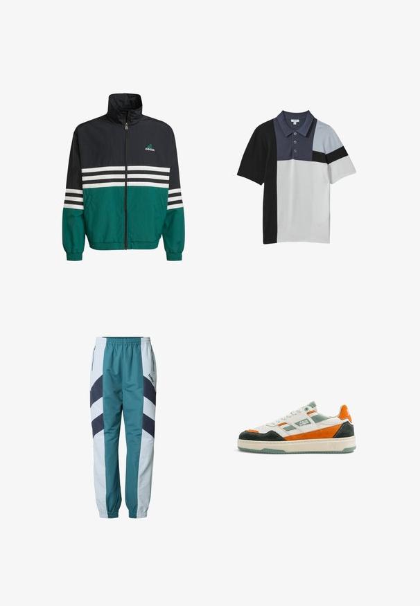 Čierna a teal vetrovka s vysokým golierom, zipsovým uzáverom a bielymi horizontálnymi pruhmi. Obsahuje logo Adidas na hrudi.; Polokošeľa s krátkym rukávom a farebným blokovým dizajnom v čiernej, sivej, svetlomodrej a bielej farbe s tromi gombíkmi na prednej légii.; Tyrkysovo sivé tepláky so vzorom šípiek, s elastickým pásom, bočnými vreckami a rebrovanými manžetami na členkoch.; Biela teniska so zelenými, oranžovými a čiernymi semišovými detailmi, bielymi šnúrkami, logom "CAVAL" na boku a béžovou podrážkou so zeleným vzorom.