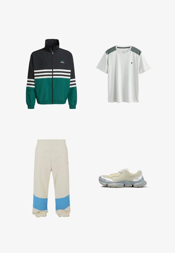 Chaqueta cortavientos negra y verde azulado con un cuello alto, cierre de cremallera y rayas horizontales blancas. Presenta un logo de Adidas en el pecho.; Camiseta deportiva blanca de manga corta con paneles de malla grises en los hombros y un pequeño logo negro en el pecho izquierdo.; Pantalones beige con una amplia franja azul cerca del dobladillo. Hechos de una tela suave, con una cintura elástica y un ajuste relajado.; Zapatilla baja en beige y plateado con suela gruesa y cordones delanteros, mostrada de perfil sobre fondo blanco.